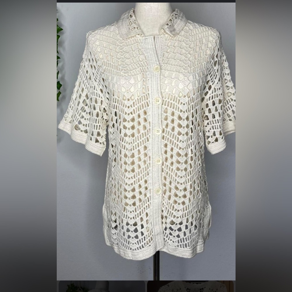 Evereve Molly Cream Crochet Cardigan Button-Down Top NWT M